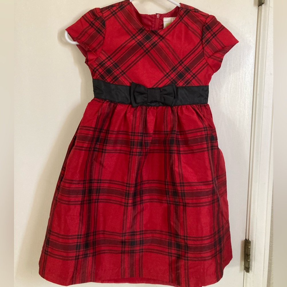*Crazy 8 Red & Black Plaid Black Satin Belt w/Bow at Mid Waist Size 6 Dress #N